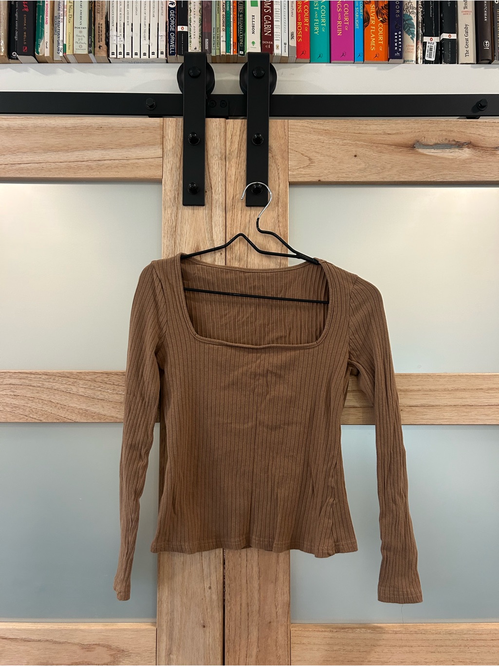 Square Neck, Fitted, Ribbed, Brown Long Sleeve Top